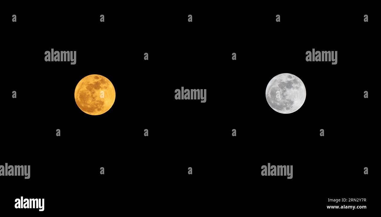 Luna piena blu all'alba della luna (arancione) e posizione perpendicolare della luna (bianco), Quito, Ecuador. Foto Stock