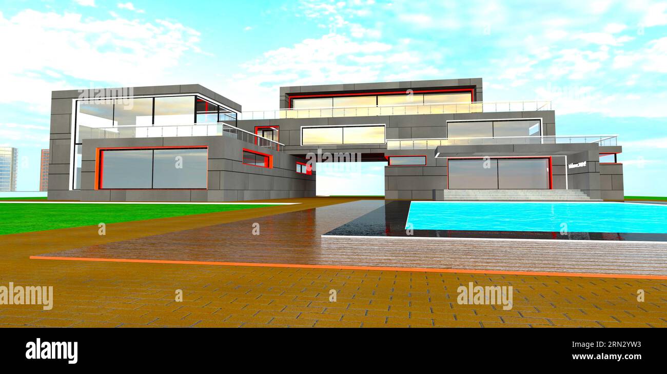 Nuovo design dell'albergo contemporaneo con facciata rifinita con pannelli di metallo di tendenza. Pavimentazione in piastrelle marroni intorno alla piscina. rendering 3d. Foto Stock