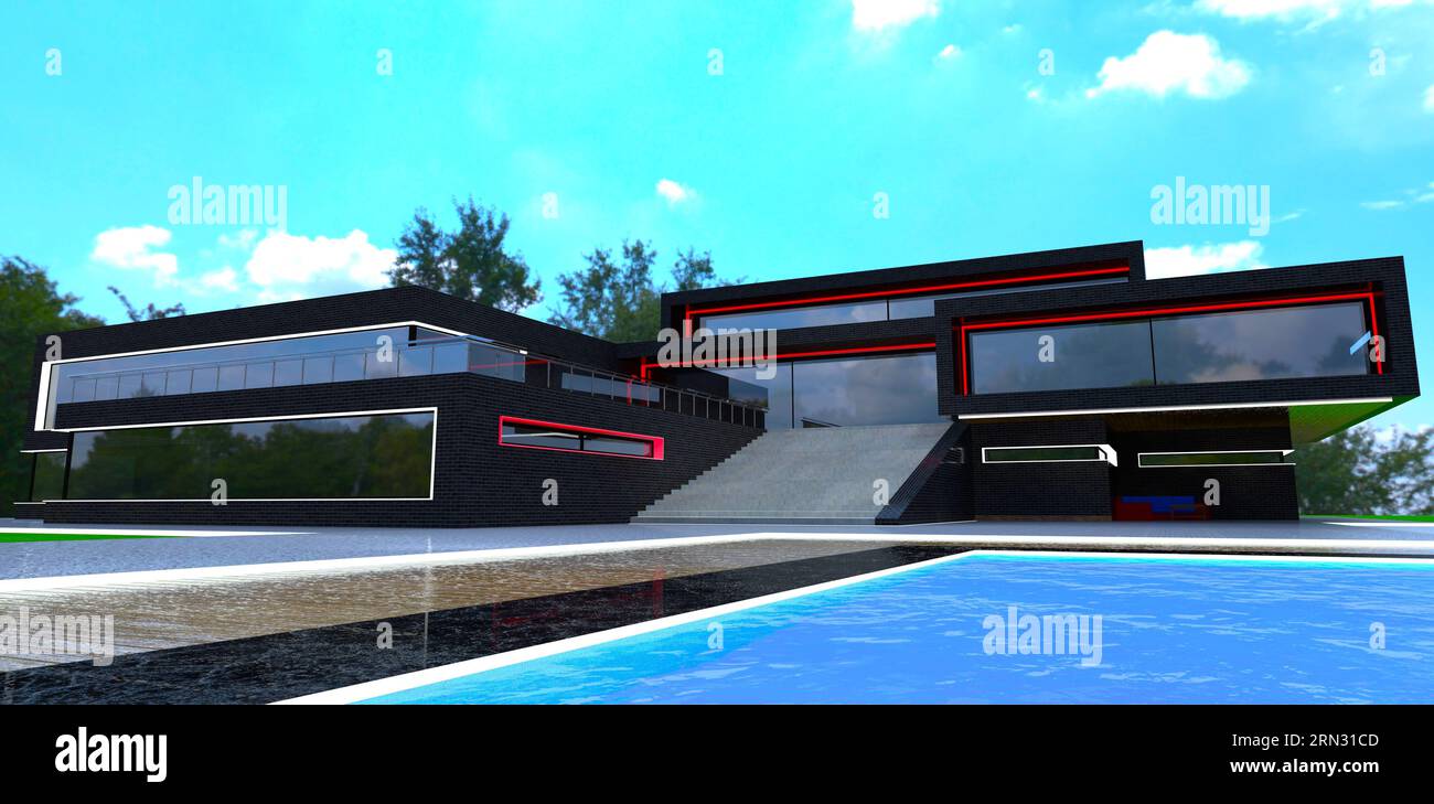 Banner di vendita per l'agenzia immobiliare. Residenza suburbana rifinita con mattoni neri. Ampia scala di cemento che scende alla piscina. rendering 3d. Foto Stock
