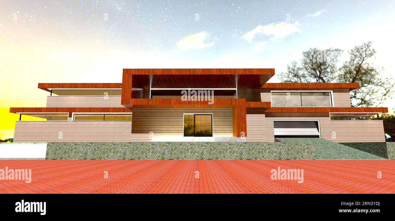 Spaziosa area pavimentata di fronte alla proprietà illuminata di notte. Vista sul portico e sul garage. rendering 3d. Foto Stock