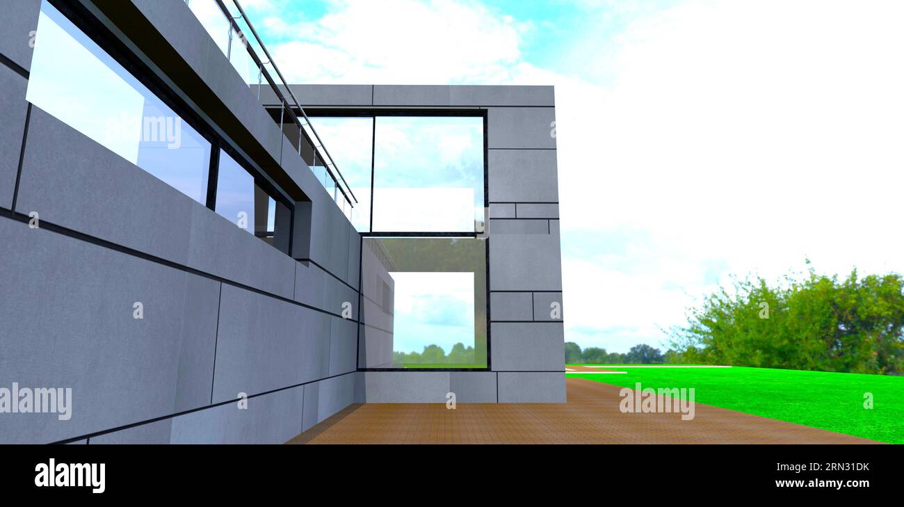 Facciata con pannelli in pietra dell'avanzata tenuta di campagna. Area pavimentata con piastrelle marroni sul prato ben curato. rendering 3d. Foto Stock