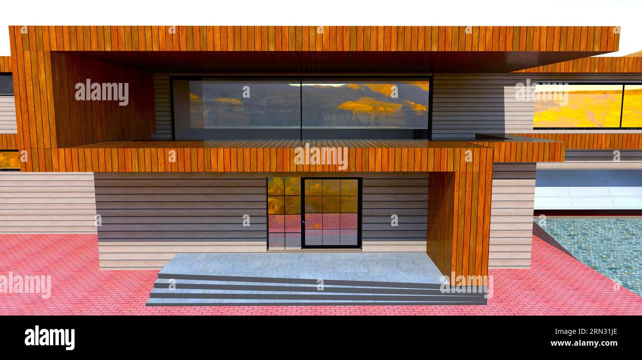 Rifiniture in legno del contemporaneo albergo suburbano. Vista del balcone sopra il portico. rendering 3d. Foto Stock