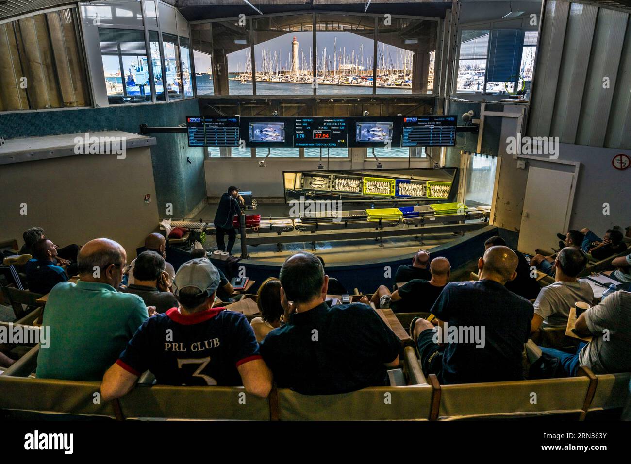 Francia, Herault, Sete, porto di pesca, asta di pesce e faro di Saint-Louis sullo sfondo Foto Stock