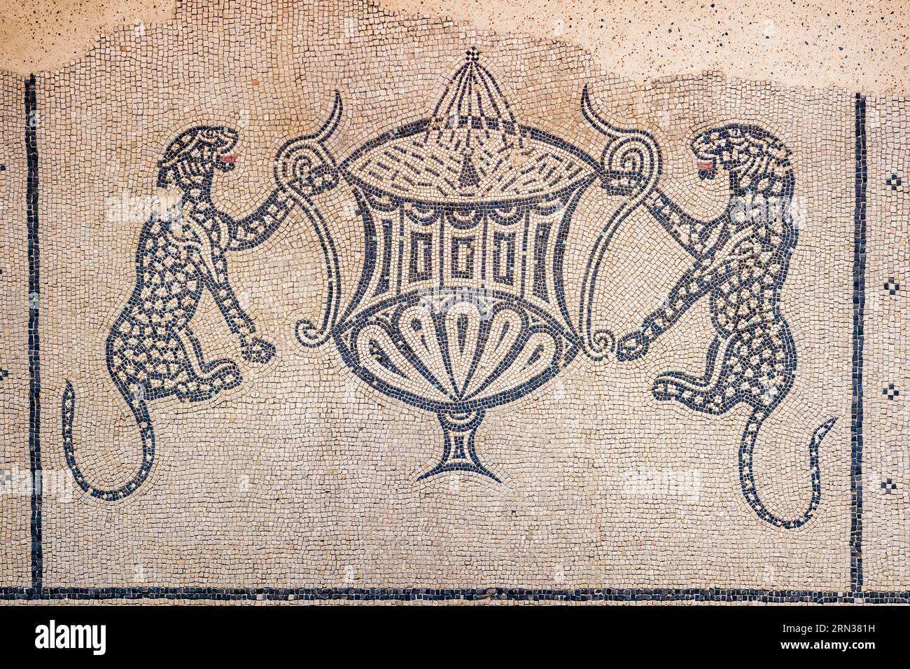 Francia, Gard, Nimes, Museo della romanità (Musée de la Romanite), mosaico romano con pantere appese intorno a un cratere della fontana, inizio II secolo d.C. J.-C.. Foto Stock