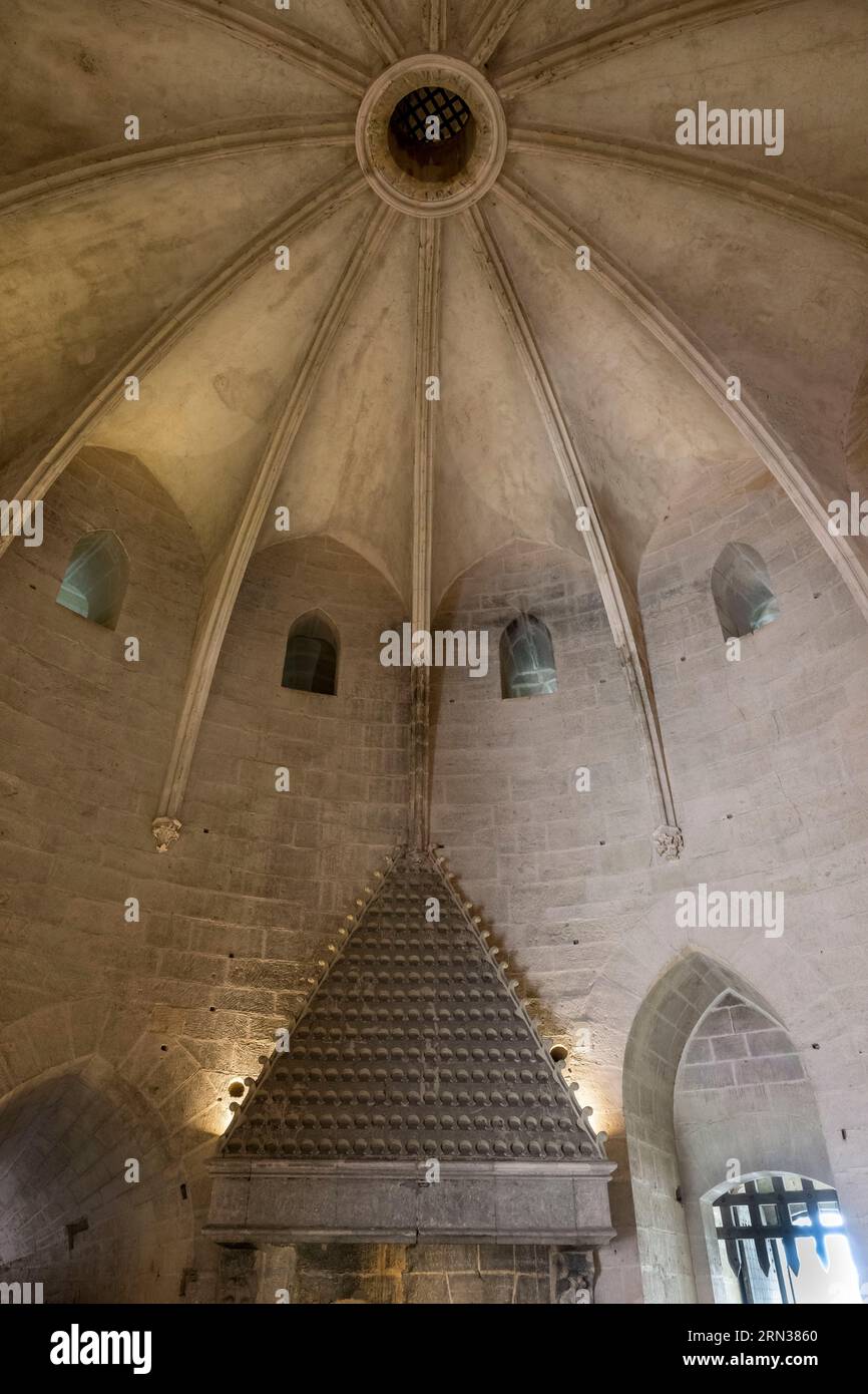 Francia, Gard, Aigues Mortes, la Torre di Costanza, la sala di guardia con il suo camino e il suo accesso protetto da un portcullis al piano terra Foto Stock