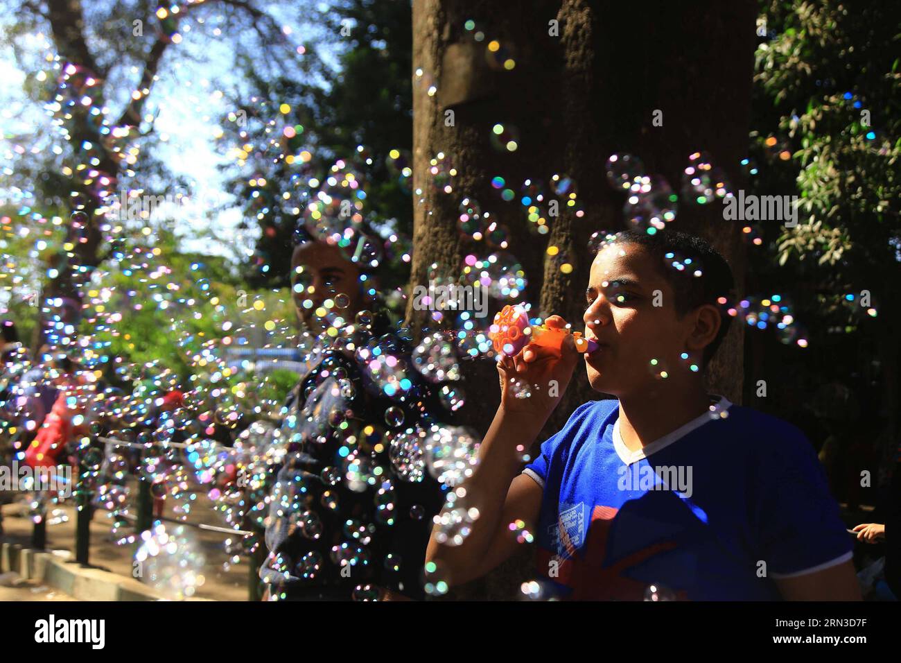(150413) - CAIRO, 13 aprile 2015 - un ragazzo egiziano soffia bolle allo zoo di Giza al Cairo, Egitto, il 13 aprile 2015. Gli egiziani hanno celebrato il lunedì il tradizionale Sharm El Nassim , o la festa della brezza primaverile, che segna l'inizio della primavera. EGITTO-CAIRO-VITA QUOTIDIANA-PRIMAVERA AhmedxGomaa PUBLICATIONxNOTxINxCHN Cairo 13 aprile 2015 a Egyptian Boy soffia bolle ALLO zoo di Giza al Cairo Egitto IL 13 aprile 2015 gli egiziani hanno celebrato lunedì il tradizionale Sharm El Nassim o il Festival della BREZZA primaverile che segna l'INIZIO della primavera Egitto Cairo Daily Life Spring PUBLICATIONXNOT Foto Stock