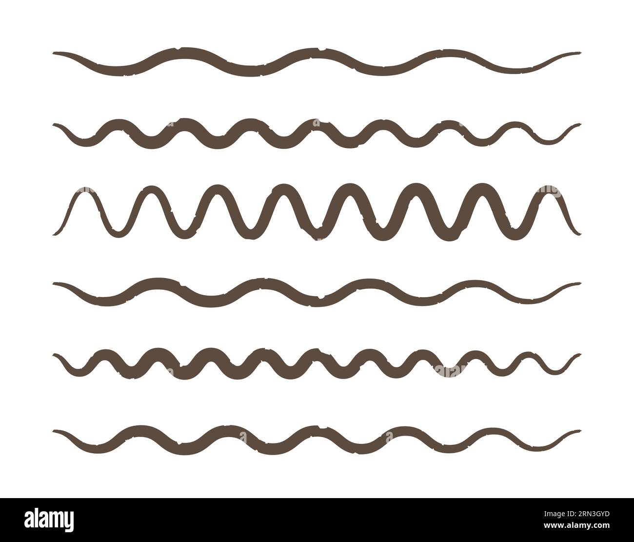 Set di pennelli a inchiostro Doodle con linea ondulata. Icone di contorno trame. Illustrazione Vettoriale