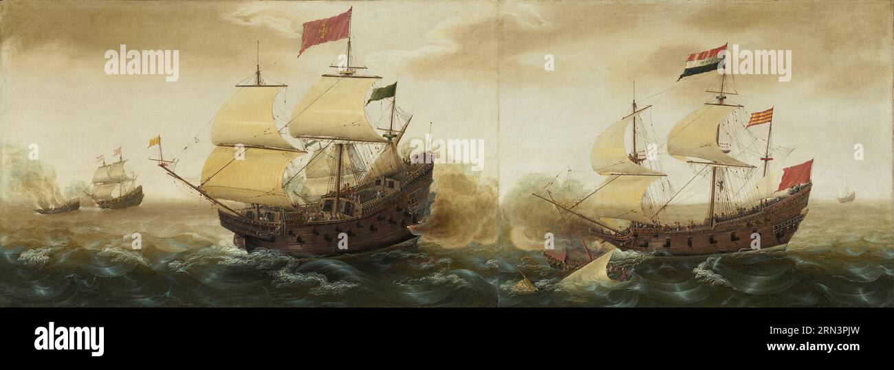 Un incontro navale tra navi da guerra olandesi e spagnole intorno al 1618/1620 da parte di Cornelis Verbeeck Foto Stock