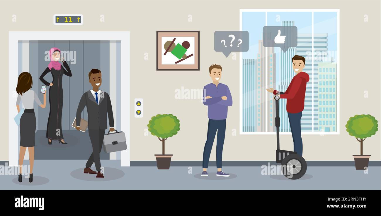 Corridoio nell'edificio degli uffici. Uomini d'affari in varie posizioni, ascensore aperto. Interni cartoni animati con mobili. Illustrazione del vettore piatto Illustrazione Vettoriale