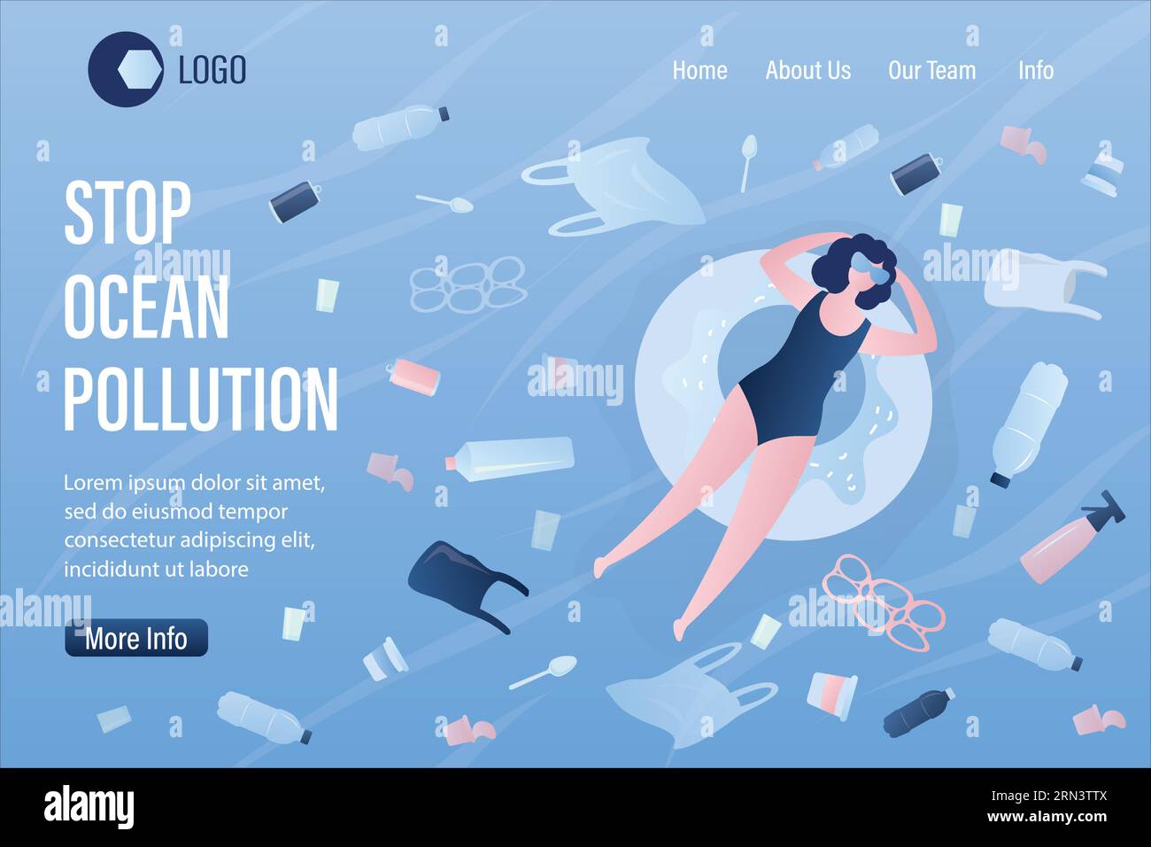 Interrompi modello di pagina di destinazione inquinamento oceanico. Vari rifiuti di plastica in mare. La donna galleggia su un anello di gomma in acqua sporca. Concetto di ecologia web backgro Illustrazione Vettoriale