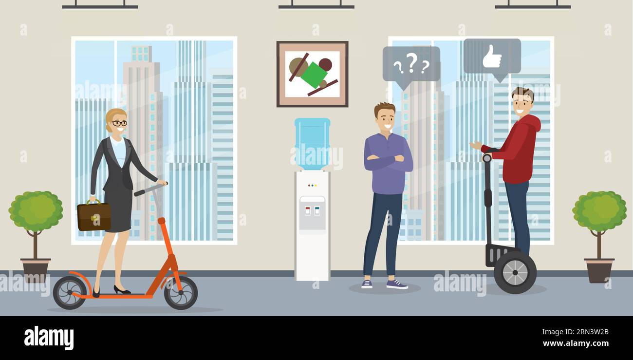 Corridoio nell'edificio degli uffici. Uomini d'affari in varie posizioni. Personaggi divertenti su un moderno trasporto ecologico. Interni cartoni animati con mobili. Vettore piatto i Illustrazione Vettoriale