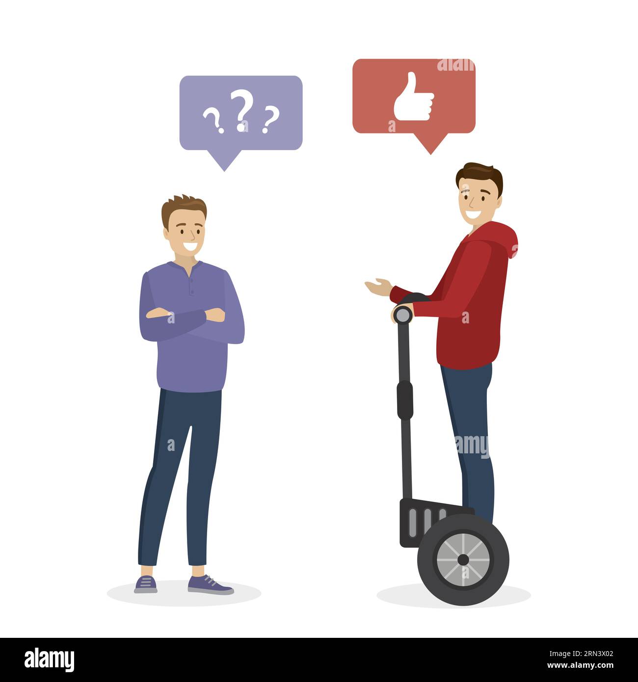 Due hipster che parlano. L'uomo che indossa abiti casual è in piedi in bicicletta moderna e chiacchierando. Il personaggio maschile dei cartoni animati si muove su un trasporto elettrico ecologico. IO Illustrazione Vettoriale