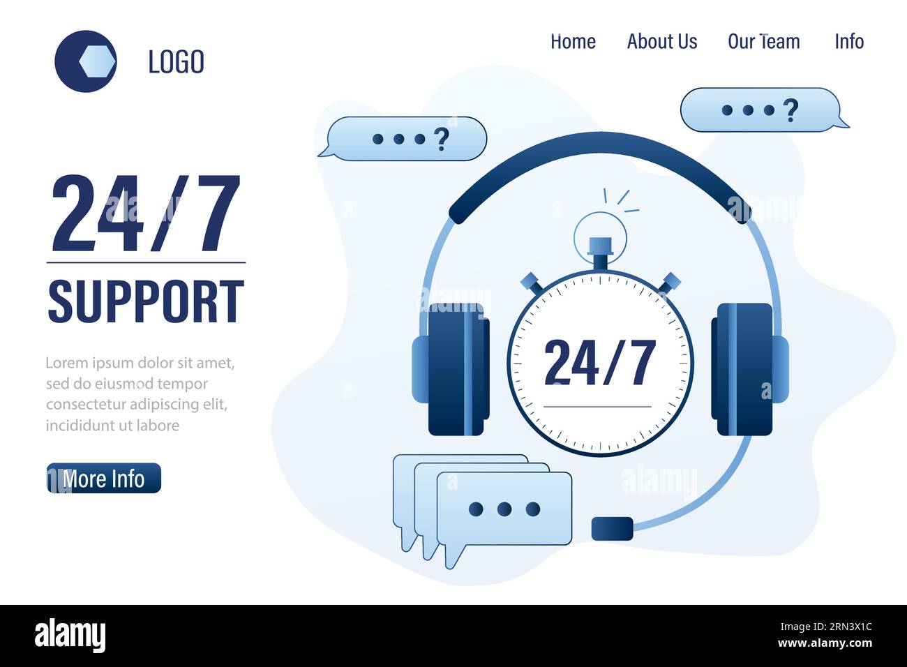 Cuffia e orologio di grandi dimensioni. Supporto del modello di landing page Concept 24/7. Assistenza clienti e supporto mobile. Banner del call center. Stile alla moda Illustrazione Vettoriale