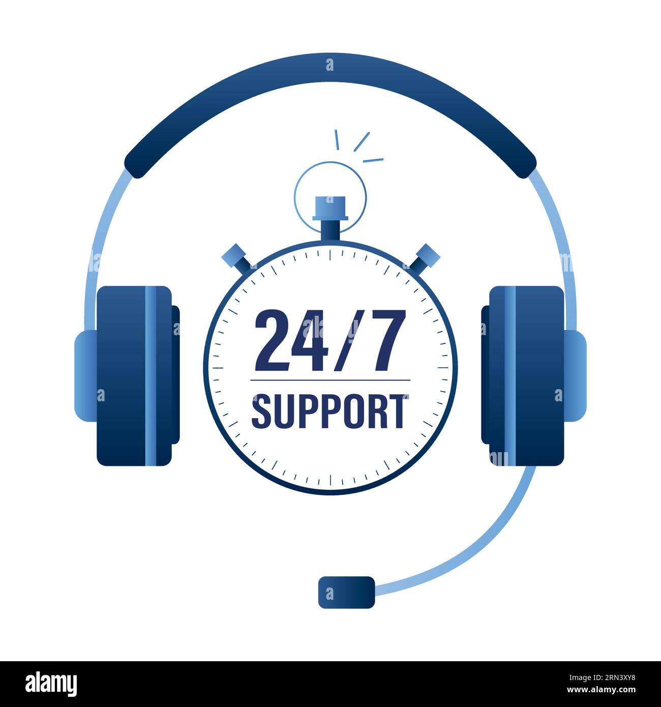 Cuffia e orologio di grandi dimensioni. Banner Concept Support 24/7. Servizio clienti e assistente mobile. Modello di logo del call center. Illustrazione vettoriale di stile alla moda Illustrazione Vettoriale