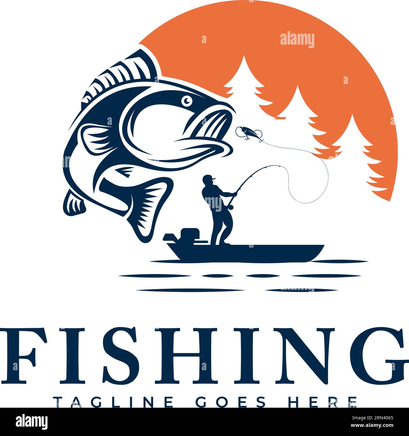 Disegno di un modello che mostra l'uomo che pesca i grandi pesci che saltano fuori dall'acqua, adatto per l'uso come logo per sport di pesca Illustrazione Vettoriale