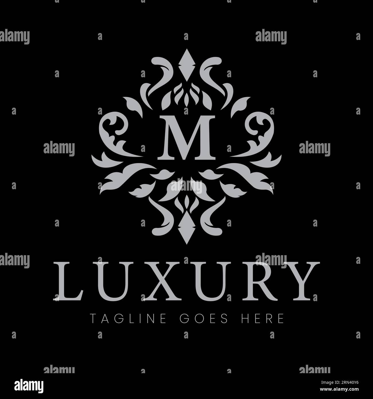 Modello Royal con logo emblema vintage retro Luxury con King Place lettera M su sfondo scuro Illustrazione Vettoriale