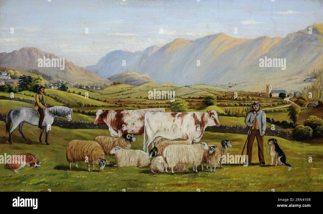 Veduta di Troutbeck con mucche da latte Shorthorn e pecore Cheviot e Swaledale, figure e cani tra il 1861 e il 1914 di William Taylor Longmire Foto Stock