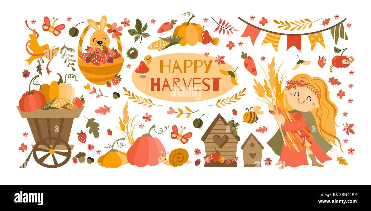 Set Happy Harvest Festival. Frasi scritte disegnate a mano e simboli di buon raccolto. Zucca autunnale, mais e ragazza che raccolgono il grano. Illustrazione Vettoriale