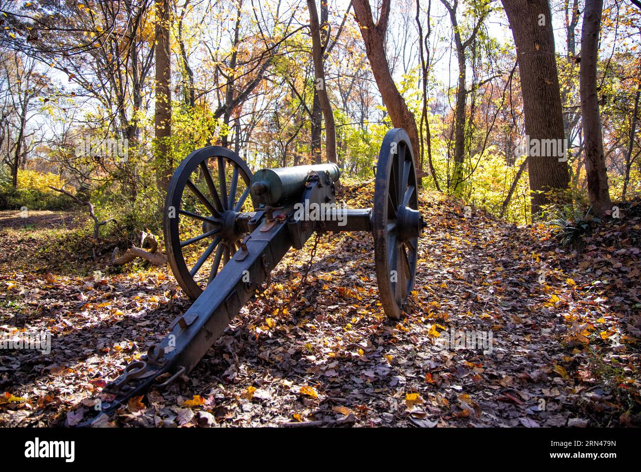 Cancano della Guerra Civile Fort Marcy McLean Virginia | MCLEAN, Virginia, Stati Uniti — Le foglie autunnali ricoprono il terreno intorno a un cannone dell'epoca della Guerra Civile a Fort Marcy, una fortificazione costruita per proteggere il passaggio del Chain Bridge sopra il fiume Potomac. La costruzione iniziò il 24-25 settembre 1861 sotto il maggiore Daniel P. Woodbury dell'Army Corps of Engineers; il forte fu intitolato il 30 settembre 1861 a generale Randolph Barnes Marcy, suocero e capo di stato maggiore del generale George B. McClellan. Foto Stock