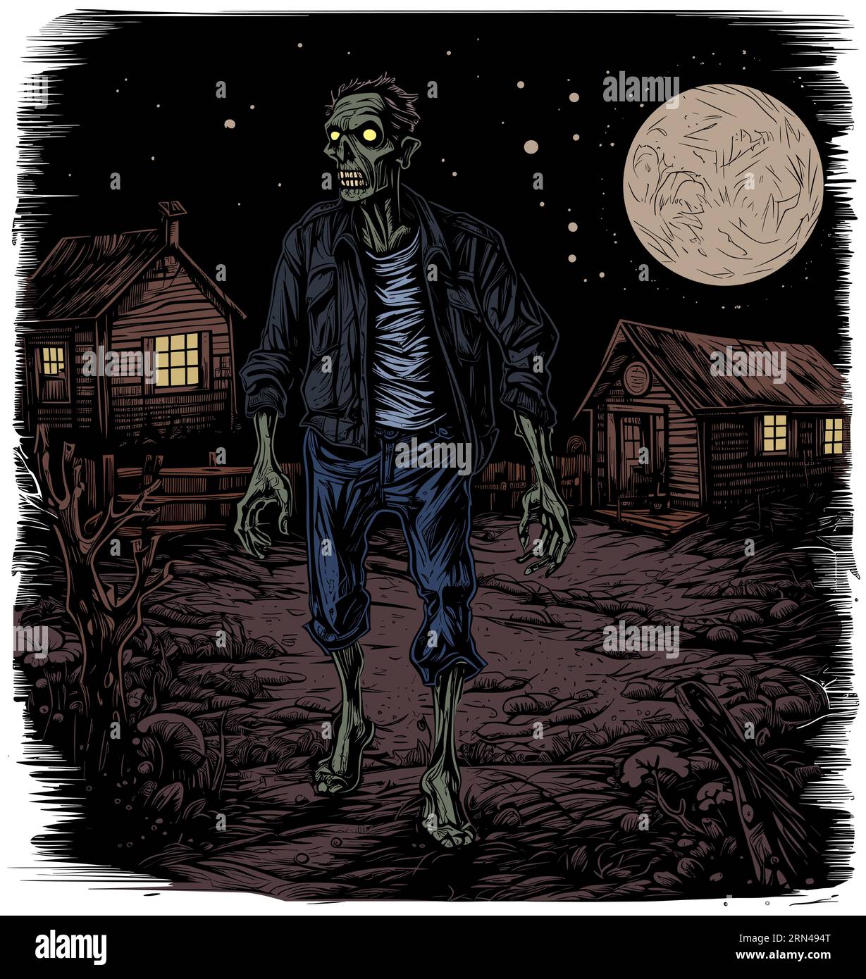 Immagine di uno spaventoso zombie che girovaga di notte. Illustrazione Vettoriale