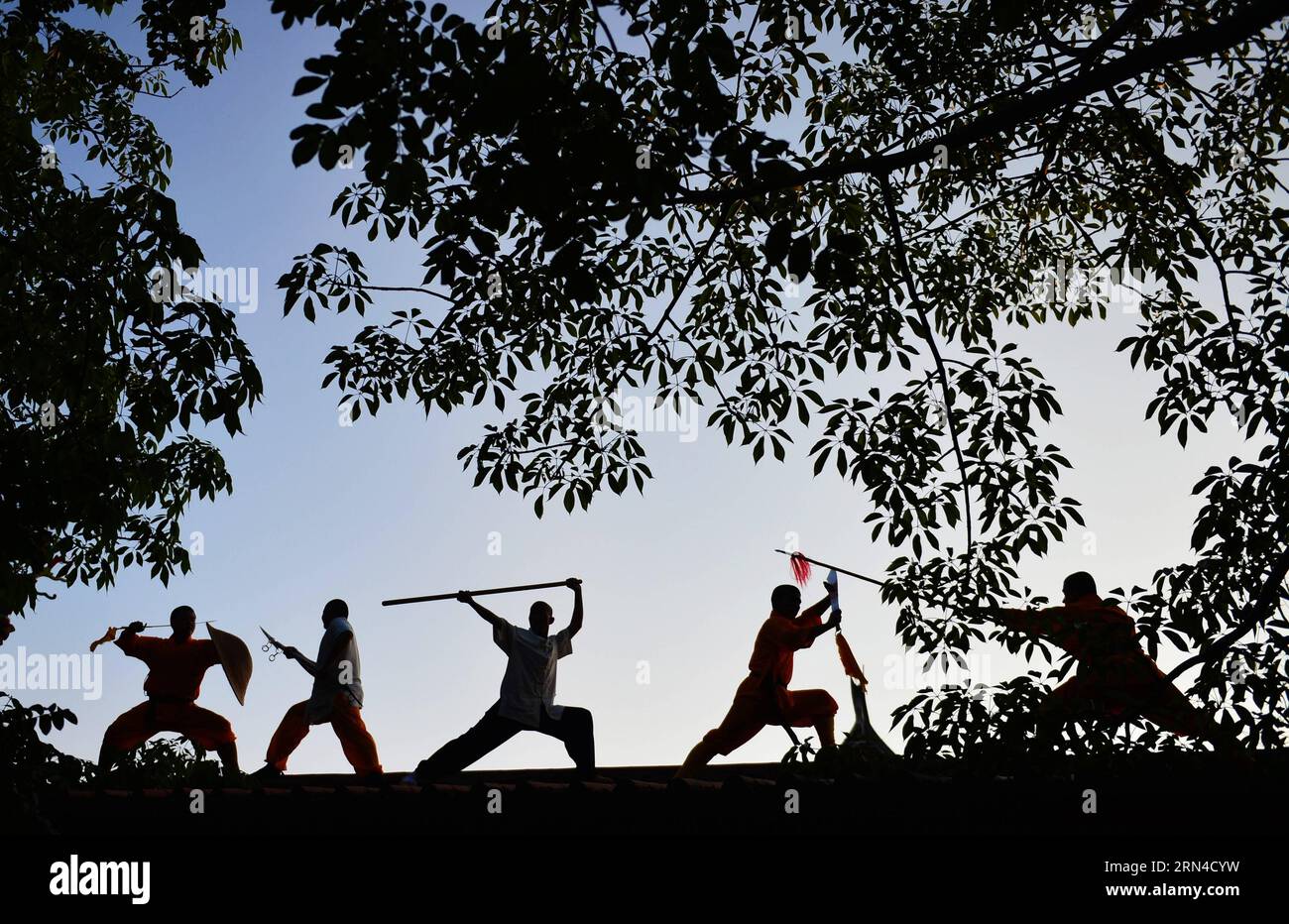 (150517) -- QUANZHOU, 15 maggio 2015 -- i monaci praticano l'arte marziale su un tetto del Tempio di Quanzhou Shaolin nella città di Quanzhou, nella provincia del Fujian della Cina sudorientale. Situato nella parte orientale della montagna Qingyuan di Quanzhou, il Tempio Shaolin di Quanzhou, chiamato anche Tempio Shaolin meridionale, è il luogo di nascita dell'arte marziale di Shaolin meridionale, che si è diffusa a Taiwan, Hong Kong e Macao e anche nel sud-est asiatico sin dalle dinastie Ming (1368-1644) e Qing (1644-1911). È anche chiamato congiuntamente Shaolin meridionale e settentrionale con il Tempio Songshan Shaolin nella provincia di Henan nella Cina centrale. Zen, la dottrina Foto Stock