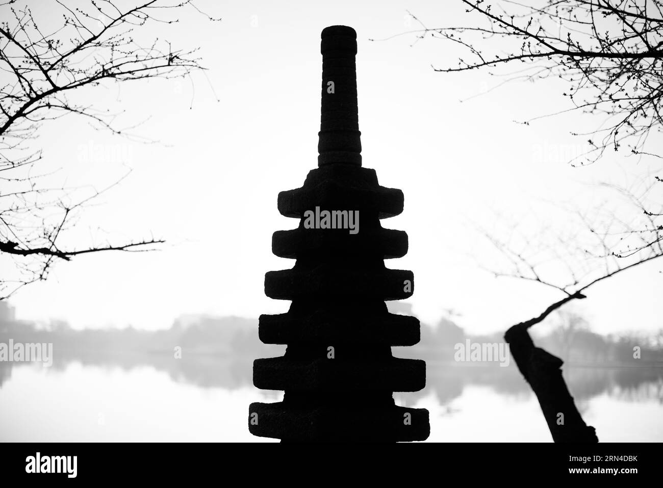 Pagoda giapponese, bacino delle maree, Washington, D.C. Fotografia in bianco e nero che mostra la pagoda sagomata contro l'acqua, incorniciata da rami di alberi. Foto Stock