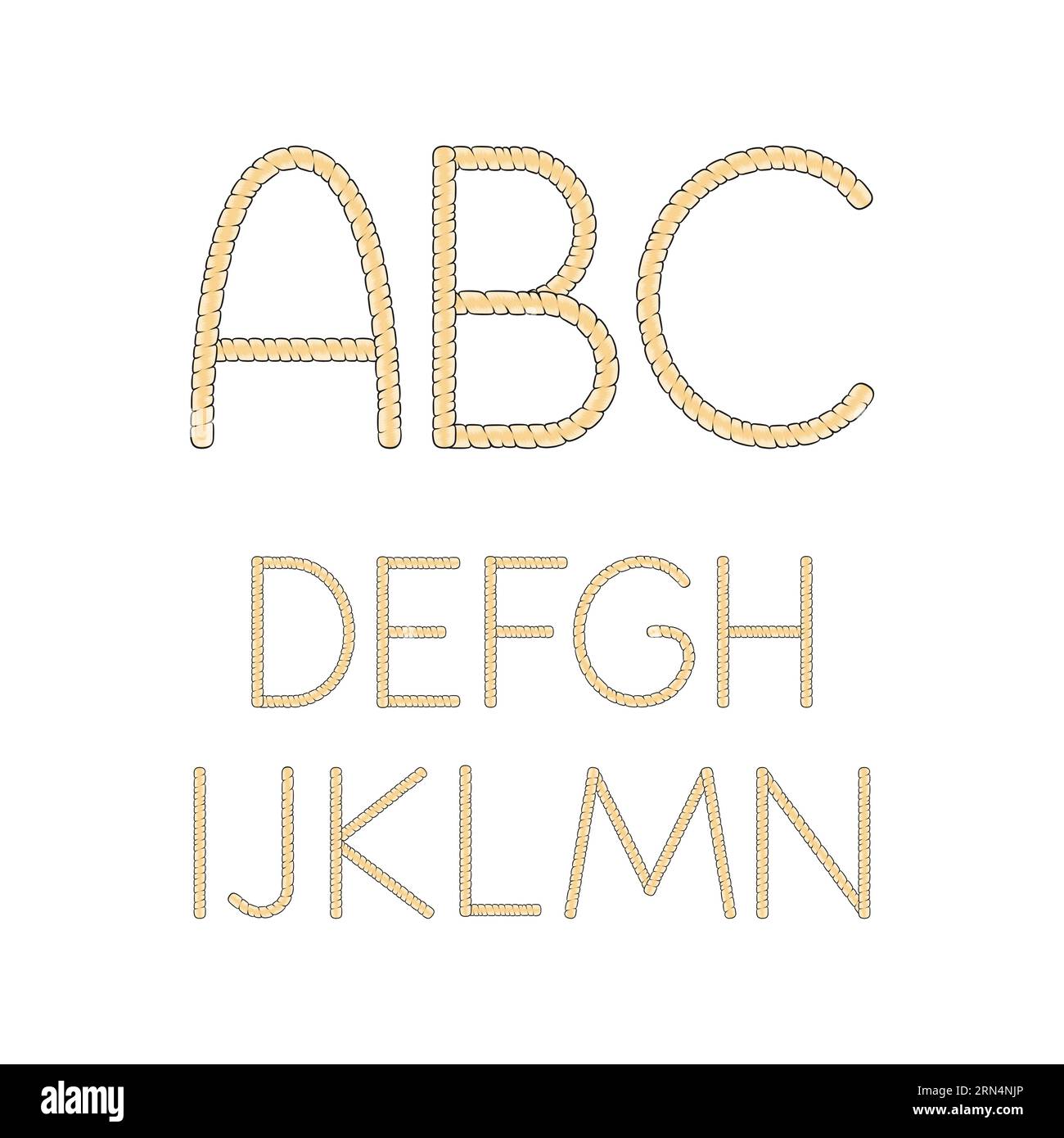 Font, alfabeto, lettere da dreadlocks biondo da A a N. oggetti vettoriali isolati su sfondo bianco. Illustrazione Vettoriale
