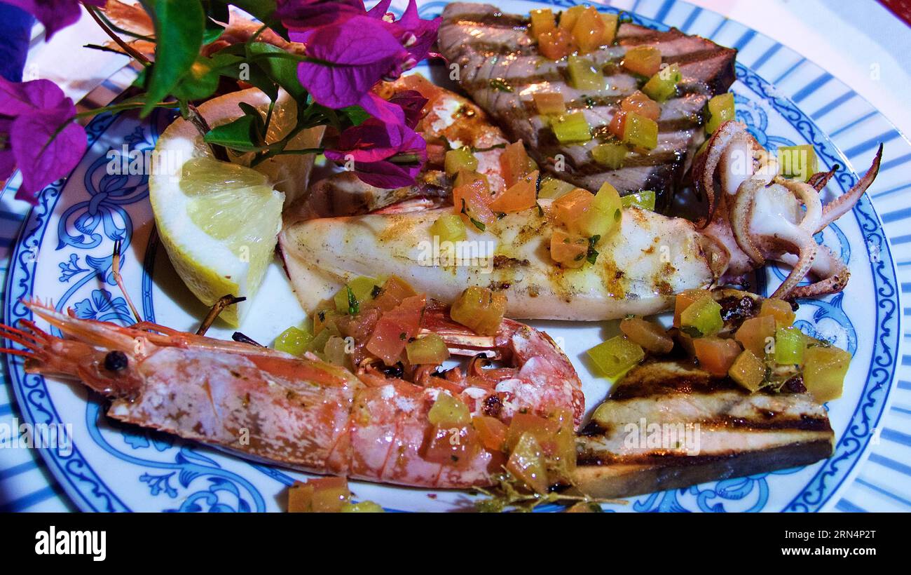 Close-up, piatto di pesce, cucina, cucina siciliana, Sicilia, Italia, Europa Foto Stock