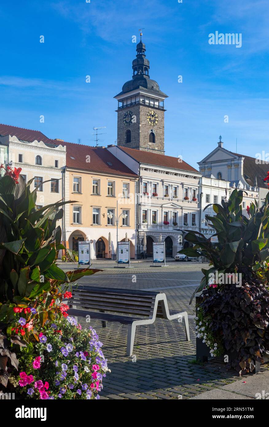 Torre Nera in Piazza Premysl Otakar II nella storica città vecchia di Ceske Budejovice, 'eské Bud'jovice, Boemia del Sud, Repubblica Ceca, Europa Foto Stock