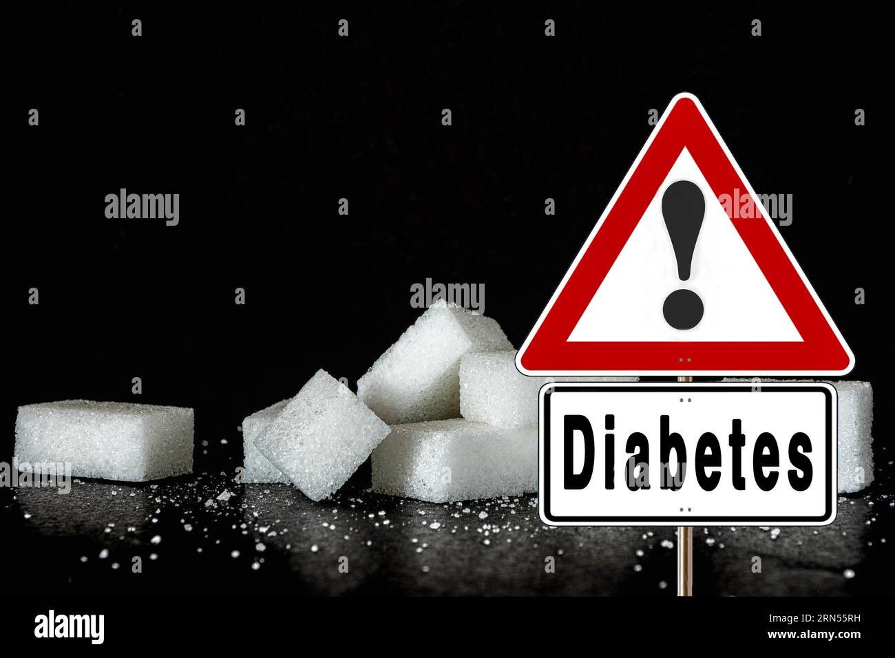 Immagine simbolica, segno di attenzione, attenzione, indicazione di diabete, zucchero, dolci, rischio per la salute, diabete tipo 1, diabete tipo 2, cibo, controllo medico Foto Stock