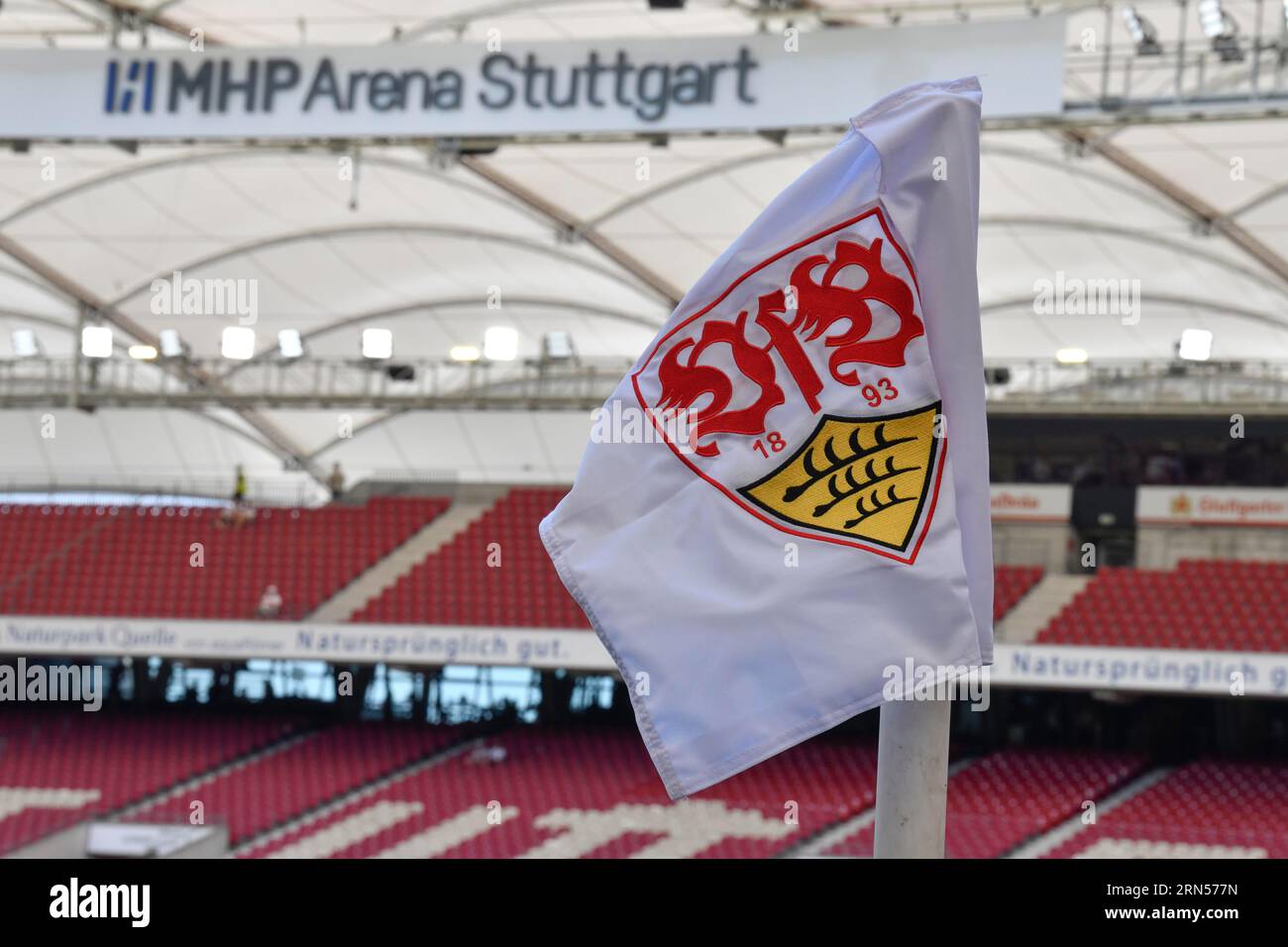 Nuovo logo della MHPArena, bandiera d'angolo, Stoccarda, Baden-Württemberg, Germania, Europa Foto Stock