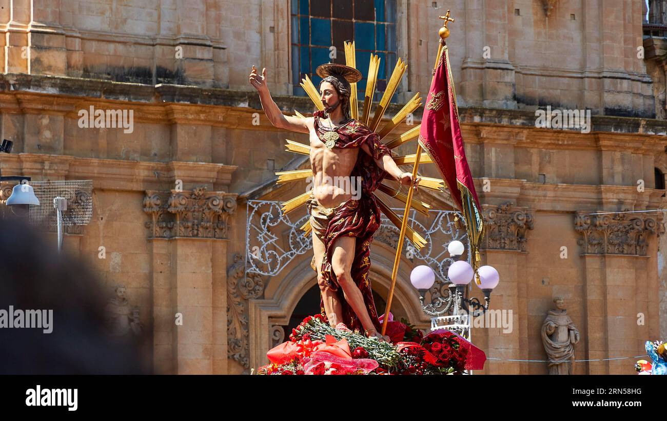 Statua del Cristo Risorto, Cristo Risorto, Scigli, città barocca, angolo barocco, sud-est, Sicilia, Italia Foto Stock