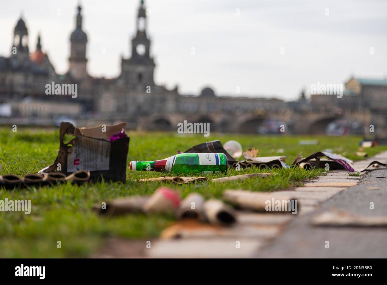 Il giorno di Capodanno, numerose tracce di rifiuti provenienti dai fuochi d'artificio del giorno precedente si possono trovare sui prati dell'Elba a Dresda. L'approvazione del privato Foto Stock