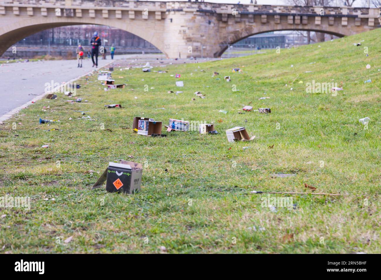 Il giorno di Capodanno, numerose tracce di rifiuti provenienti dai fuochi d'artificio del giorno precedente si possono trovare sui prati dell'Elba a Dresda. L'approvazione del privato Foto Stock