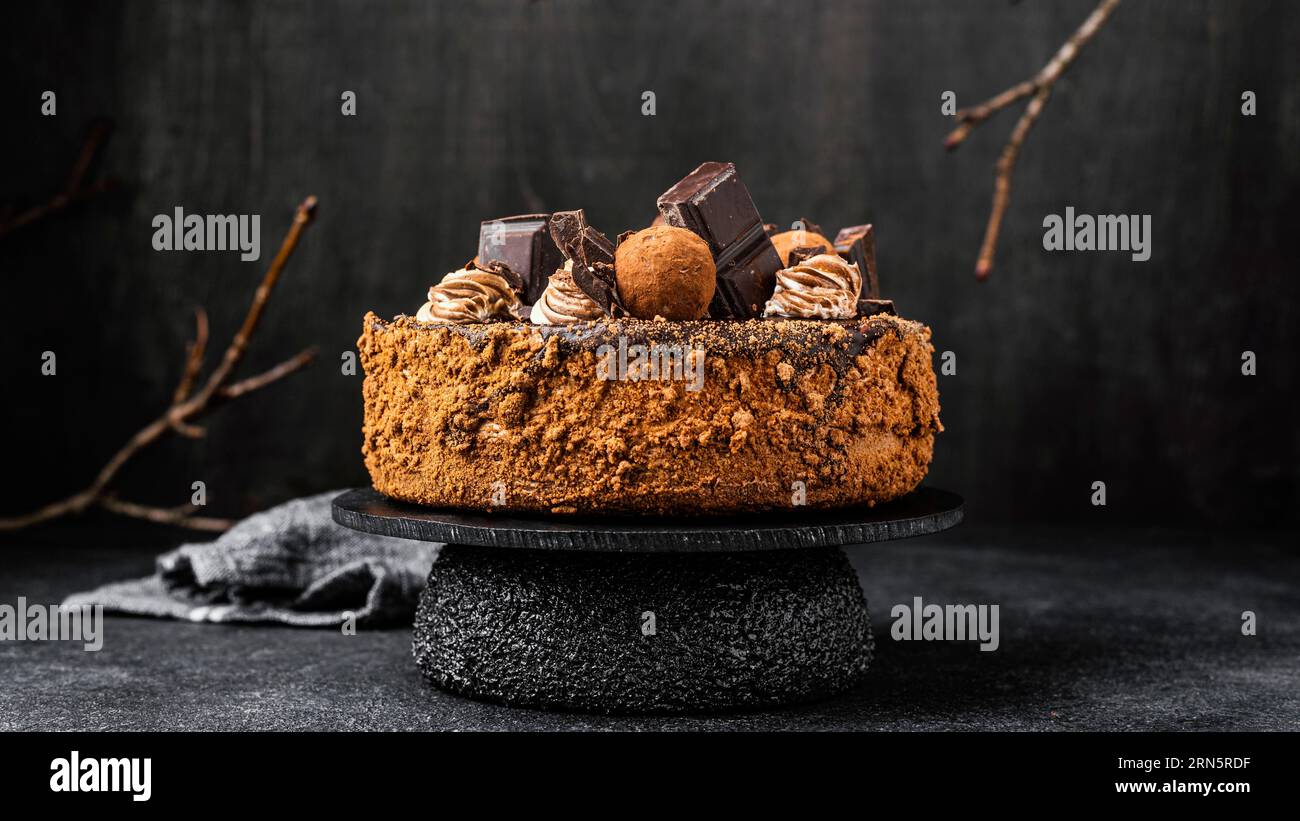 Supporto per torta al cioccolato con vista frontale Foto Stock