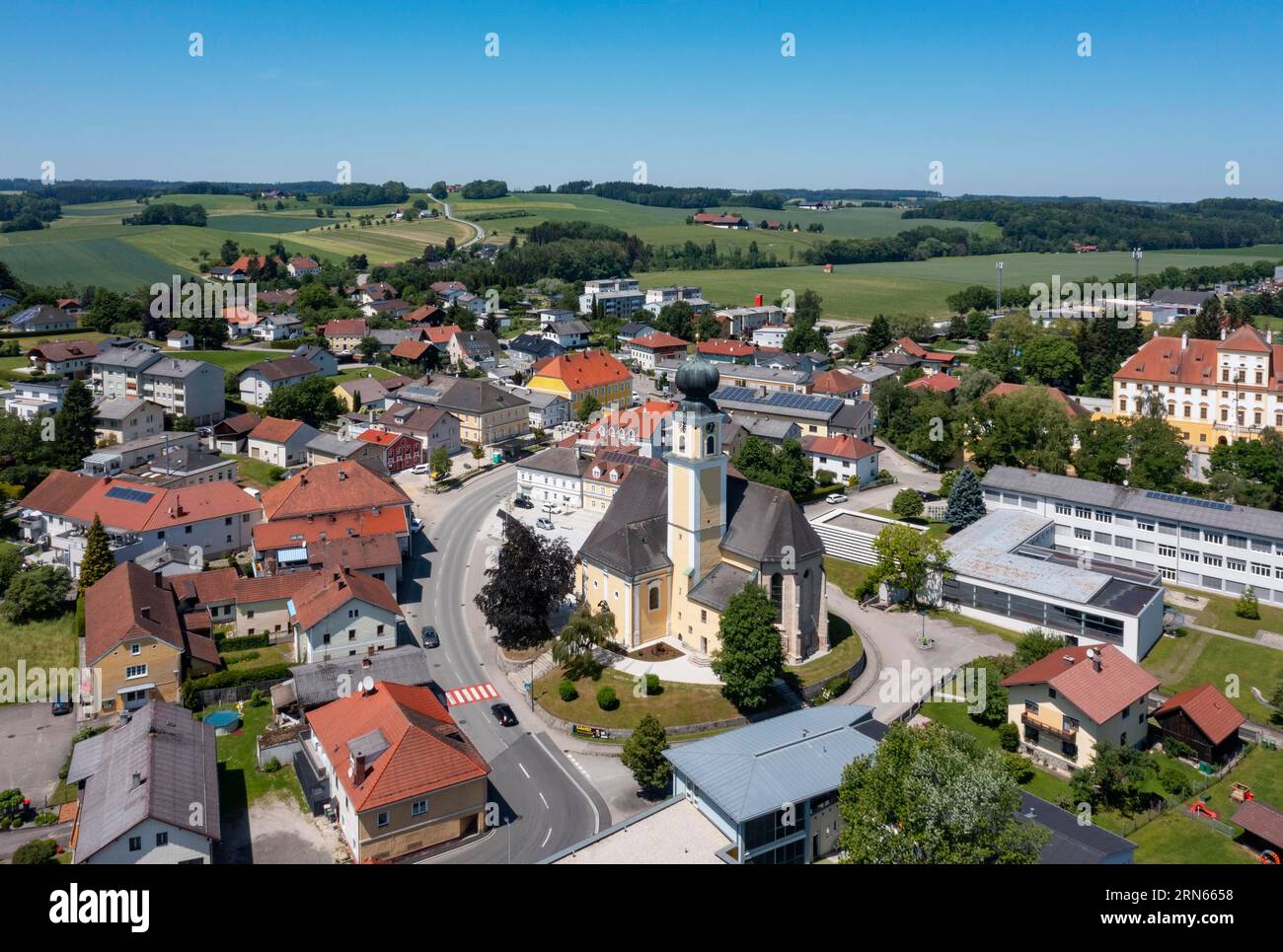 Colpo di drone, Aurolzmuenster, Innviertel, alta Austria, Austria Foto Stock