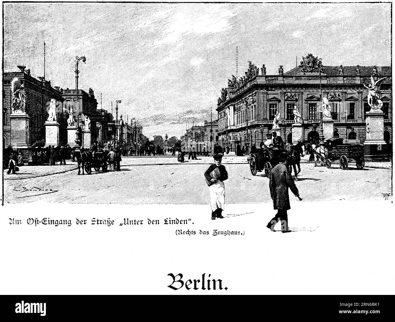 All'ingresso est della strada Unter den Linden, Berlino, Boulevard, carrozze trainate da cavalli, traffico, case, molte persone, armerie, statue Foto Stock