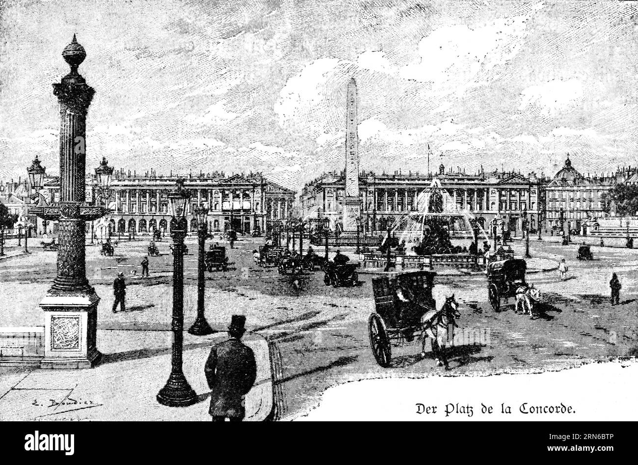 Place of Concord, Place de la Concorde, Parigi, enorme fontana centrale, carrozze trainate da cavalli, trasporti, molte persone, obelisco, colonne, architettura Foto Stock