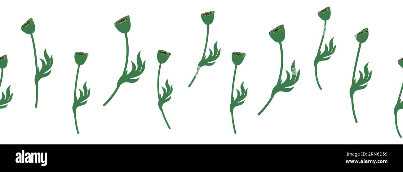 Modello estivo senza cuciture con fiori di papavero rosso brillante e cialde di papavero. Garland, confine con i fiori. Illustrazione Vettoriale