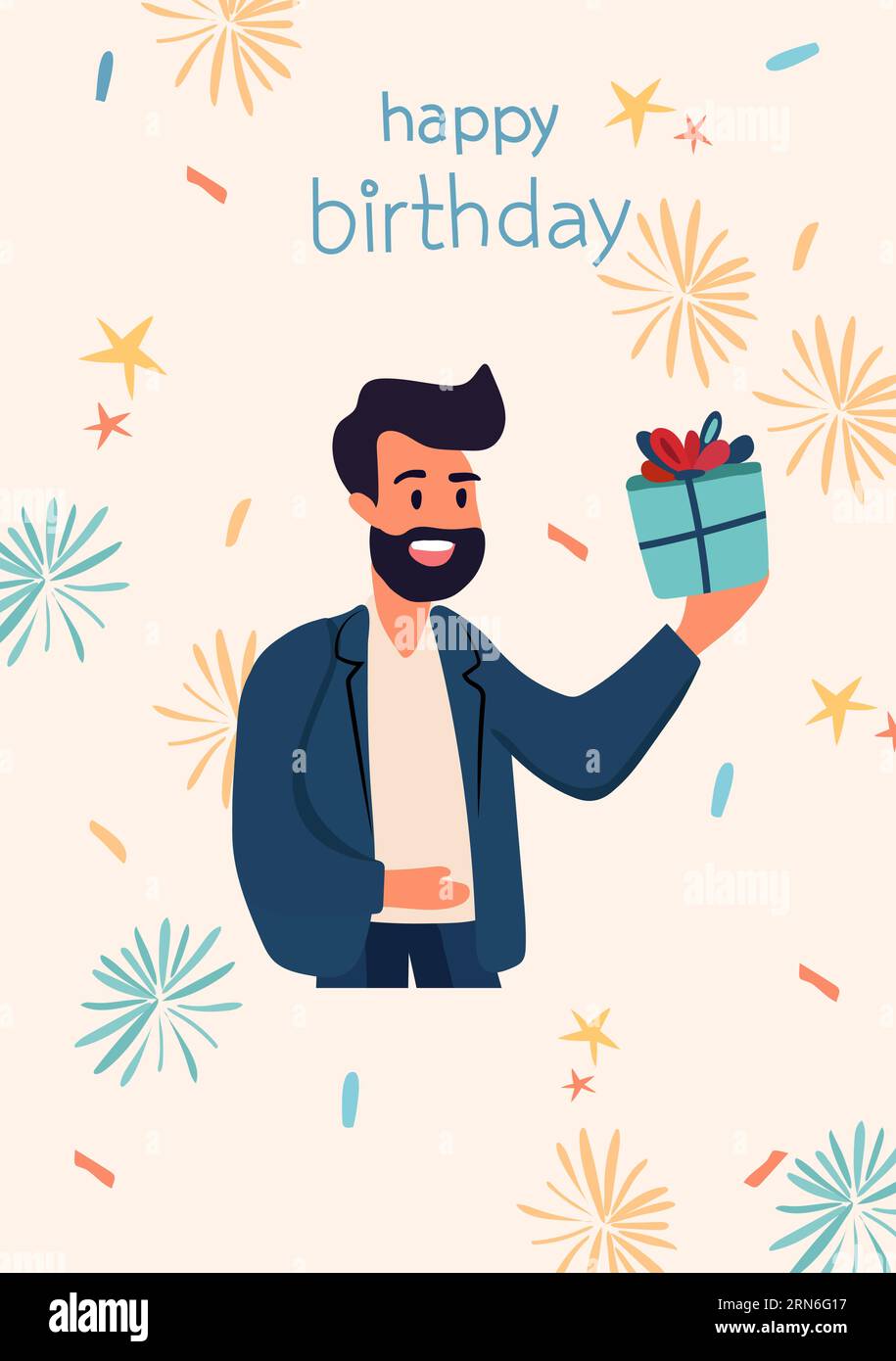 Lavoratore in ufficio che festeggia il compleanno tenendo in giro regali e coriandoli, concetto di festa di compleanno, felicità, gioia. Illustrazione di una cartolina o di un invito. Illustrazione vettoriale Illustrazione Vettoriale