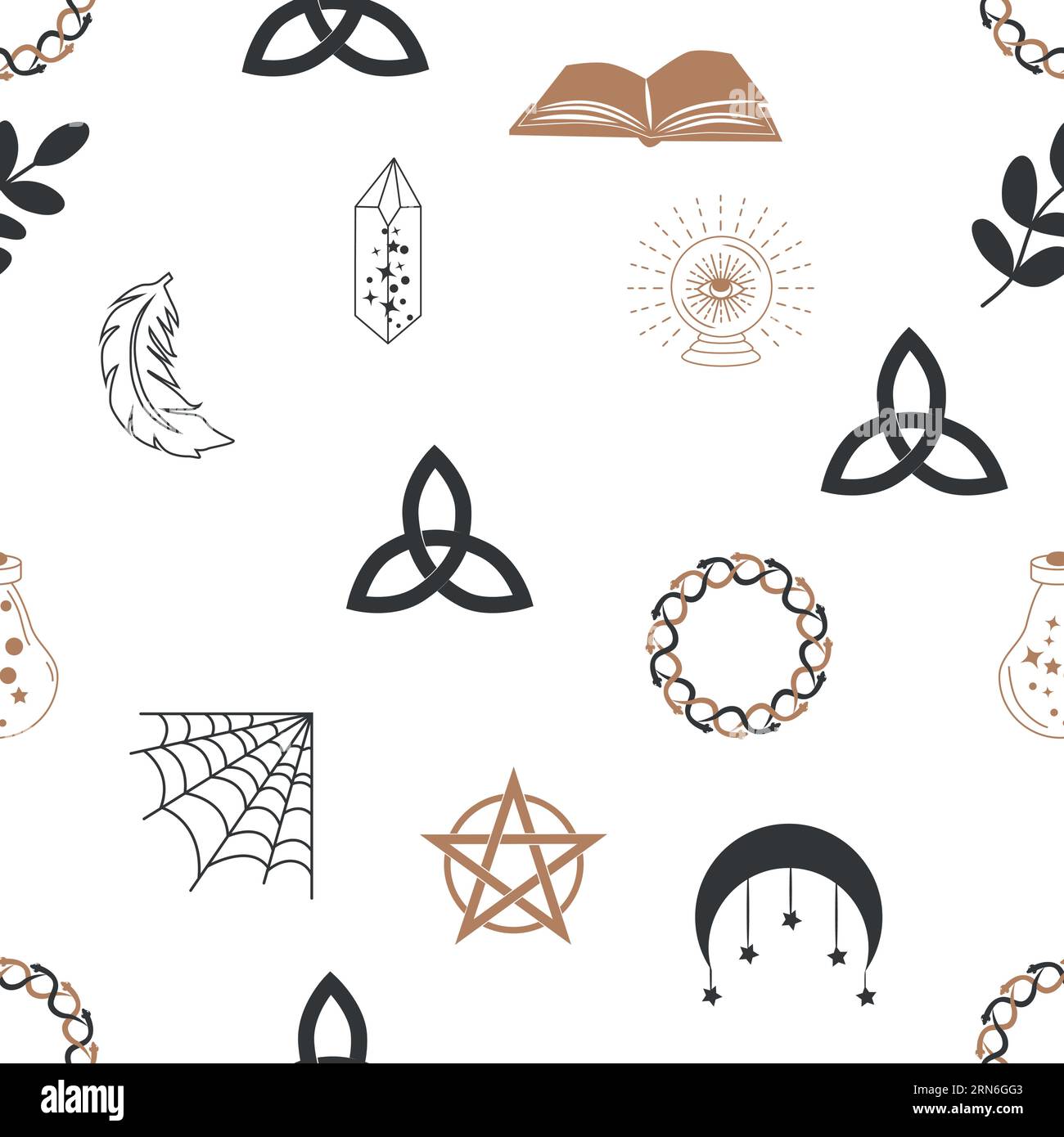 Motivi magici e paradisiaci, con elementi magici come serpente, occhio, carte tarocchi, mano, cranio, pozione, luna, farfalla, funghi, stelle. Symb Illustrazione Vettoriale