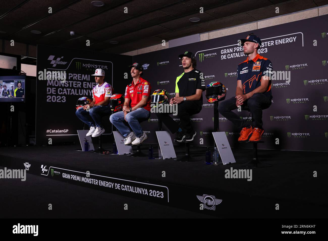 Barcellona, Spagna. 31 agosto 2023. Jorge Martin dalla Spagna del team prima Pramac Racing con Ducati, Francesco Bagnaia dall'Italia del Team Ducati Lenovo con Ducati, Marco Bezzecchi dall'Italia del Mooney VR46 Racing Team con Ducati e Brad Binder dal Sudafrica del team Red Bull KTM Factory Racing con KTM durante la PreEvent Press Conference di MotoGP Gran premi Energi Monster de Catalunya al Circuit de Barcelona-Catalunya di Barcellona. Credito: DAX Images/Alamy Live News Foto Stock