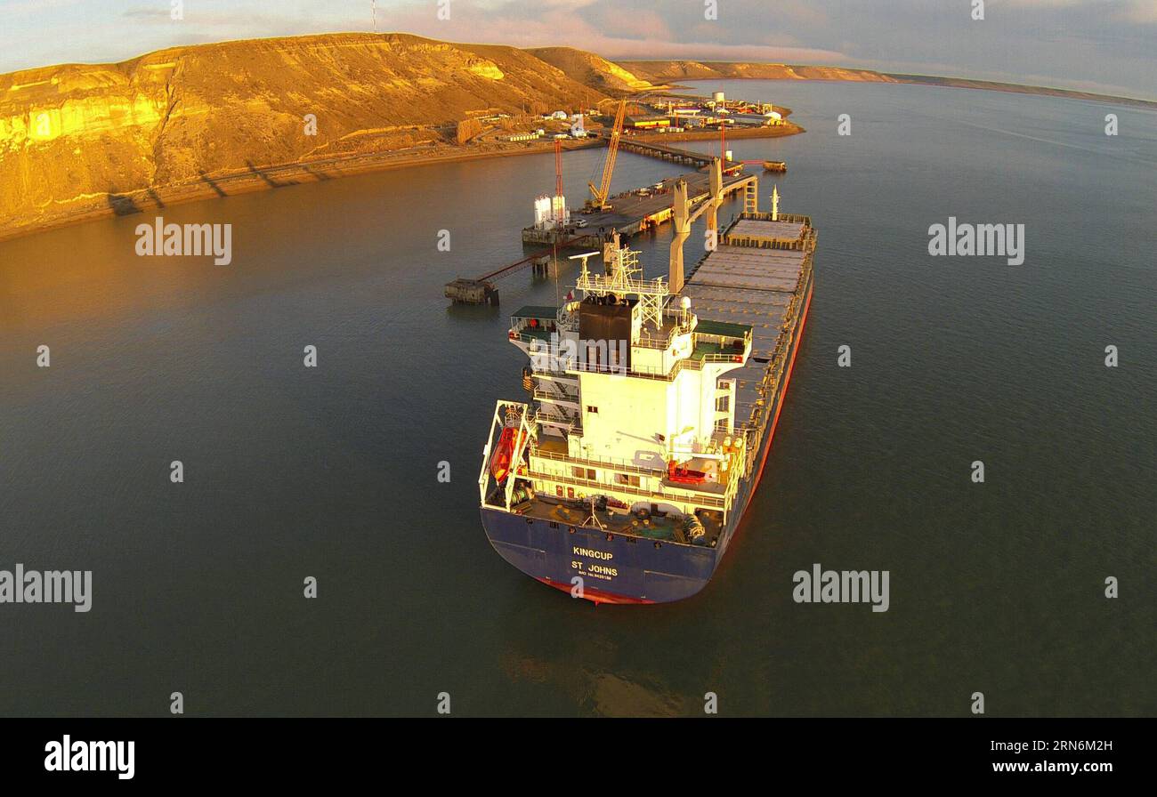 (150801) -- PUNTA QUILLA, 1 agosto 2015 -- immagine del 29 luglio 2015 e fornita dalla società Electroingenieria SA () mostra l'arrivo della nave che trasporta le prime macchine per i lavori preliminari di costruzione delle dighe Nestor Kirchner e Jorge Cepernic, nel porto di Punta Quilla, provincia di Santa Cruz, a 2.810 km dalla città di Buenos Aires, capitale dell'Argentina. La cooperazione tra Argentina e Cina per la costruzione di due dighe, il Nestor Kirchner e il Jorge Cepernic , chiave del sistema energetico del paese sudamericano, è andata avanti questa settimana, con l'ar Foto Stock