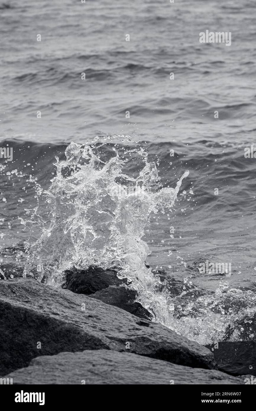 Primo piano dello spruzzo di una piccola onda che si schianta su rocce in bianco e nero. Foto Stock