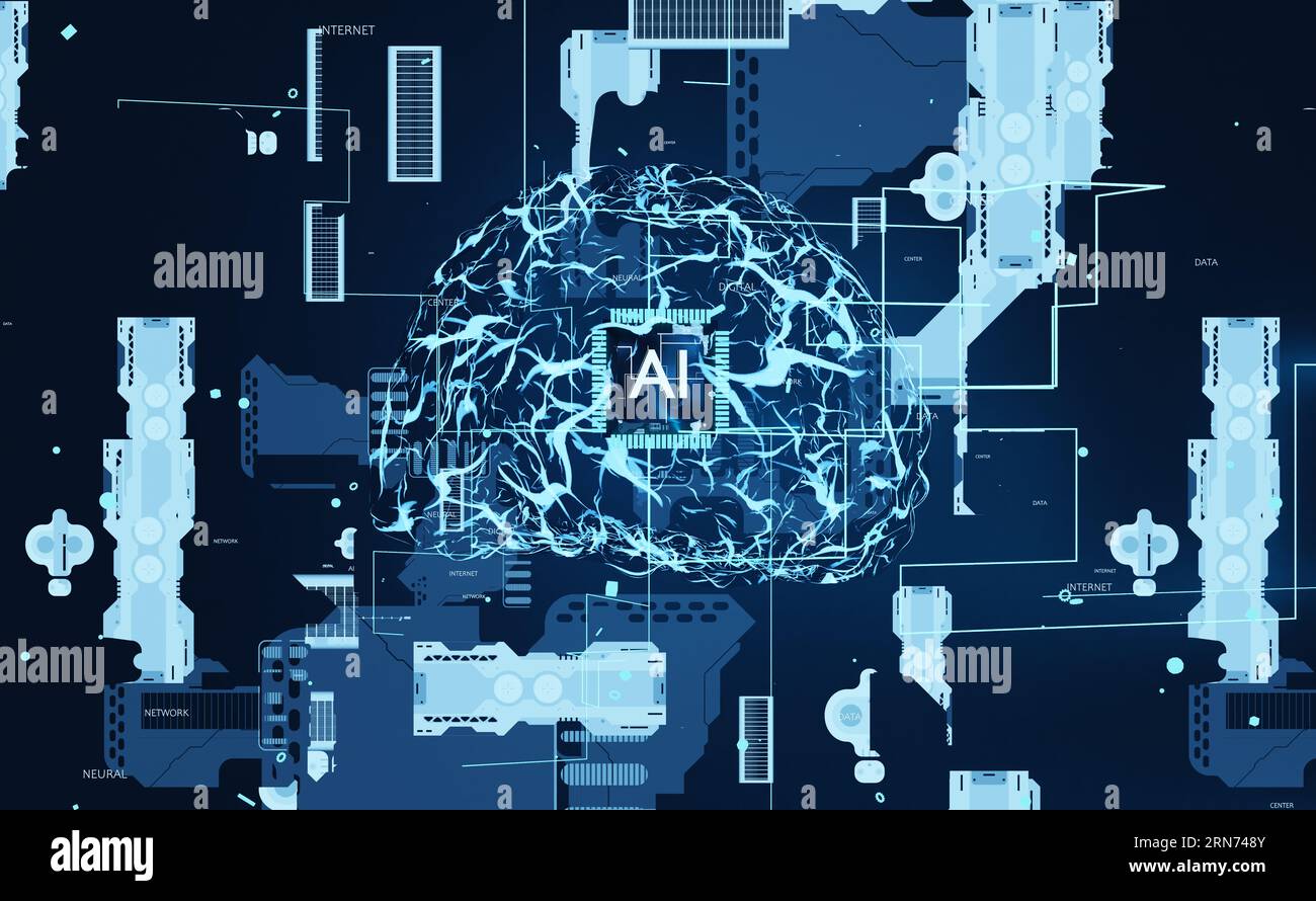 L'apprendimento automatico DELL'INTELLIGENZA ARTIFICIALE consente ai computer di replicare il funzionamento del cervello umano. Algoritmi di autoapprendimento basati su data mining e riconoscimento dei modelli utilizzati per risolvere attività complesse, animazione di rendering 3D. Foto Stock