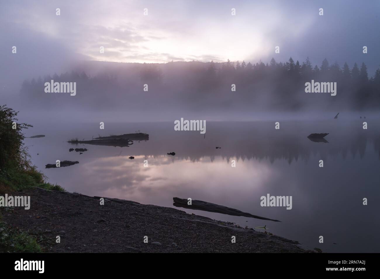 Alba al lago Kapowsin a Washington in una mattinata nebbiosa Foto Stock