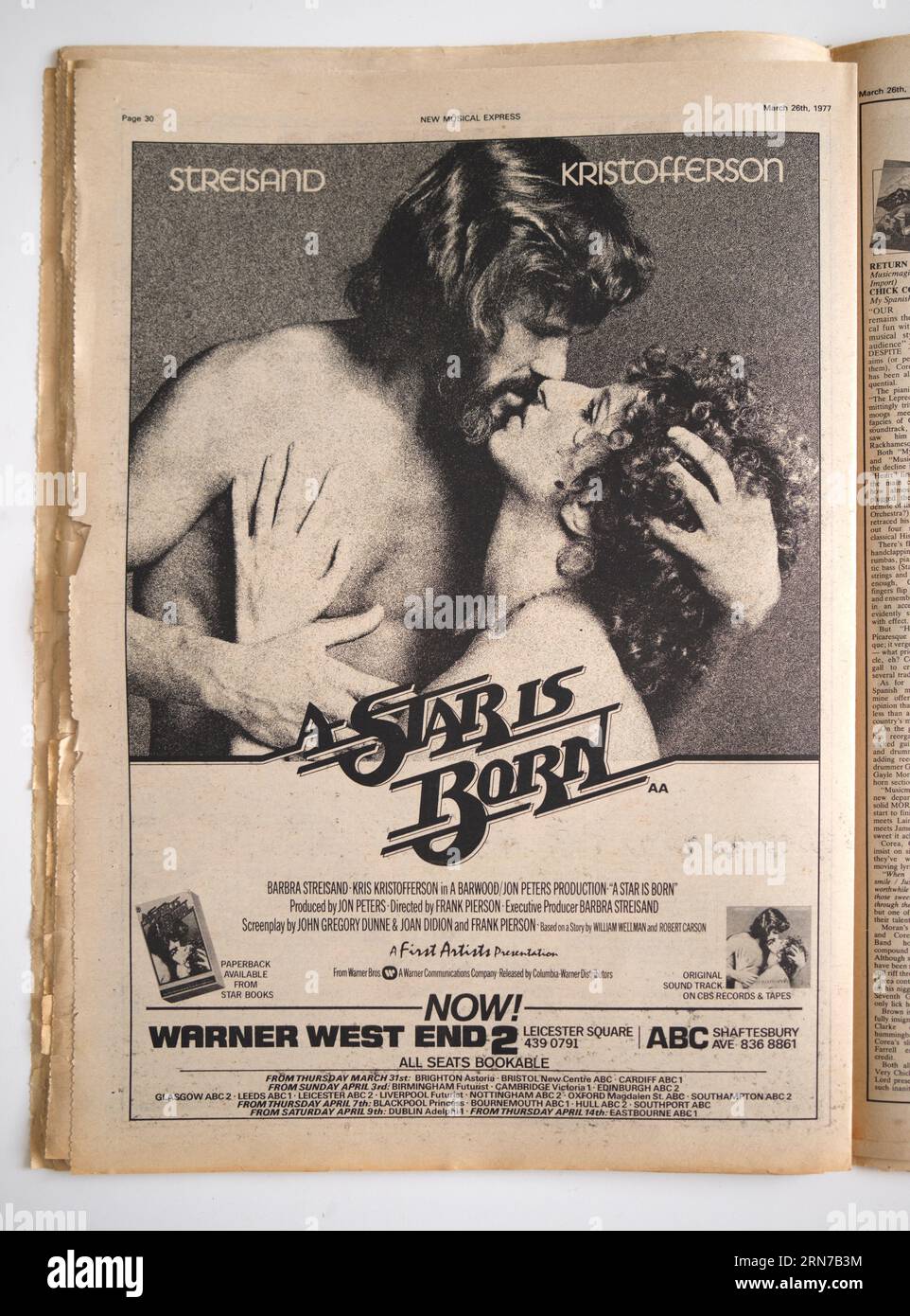 Pubblicità degli anni '1970 per Un film Star Is Born nel NME Music Paper Foto Stock
