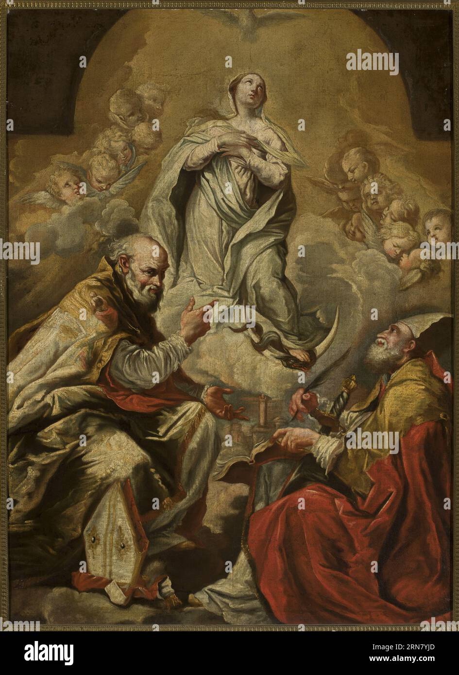 Adorazione della Vergine Maria da parte di S.. Petronio e Dionisio l'Areopagite di Giovanni Antonio Burrini Foto Stock