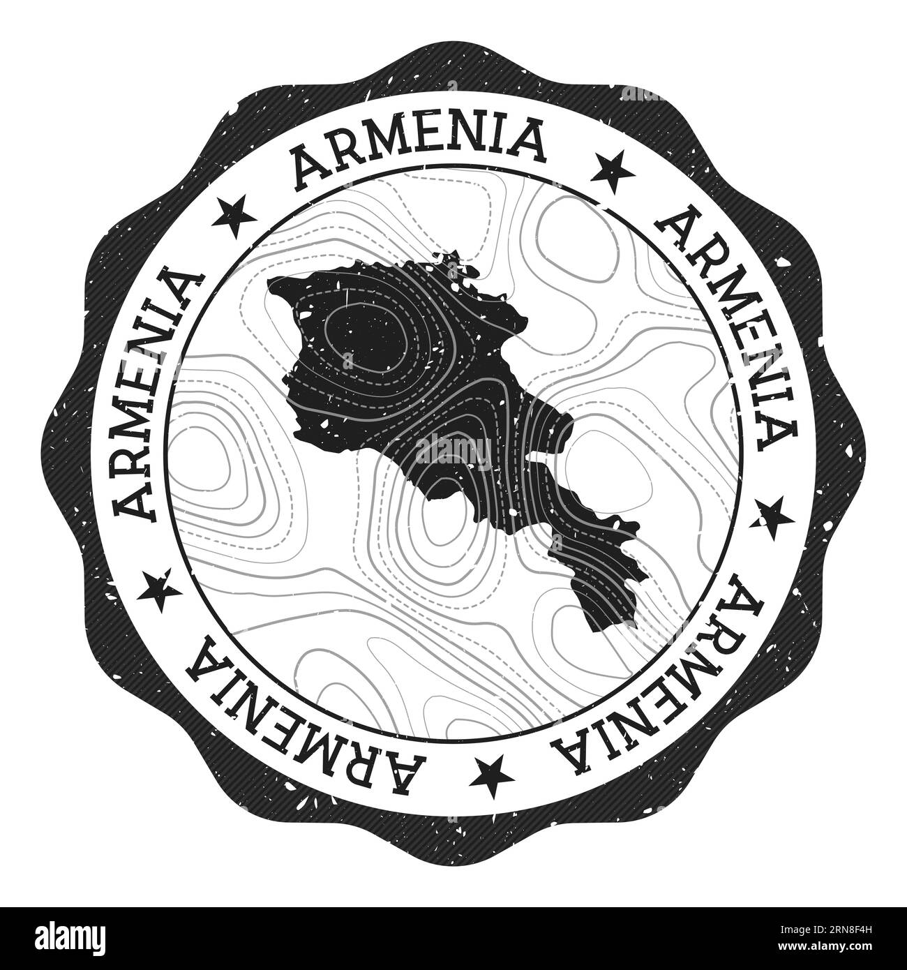 Francobollo da esterno Armenia. Adesivo rotondo con mappa del paese con isoline topografiche. Illustrazione vettoriale. Illustrazione Vettoriale