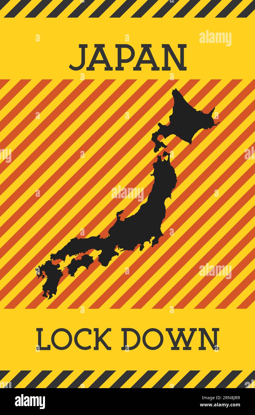 Cartello "Japan Lock Down". Icona gialla di pericolo pandemico paese. Illustrazione vettoriale. Illustrazione Vettoriale